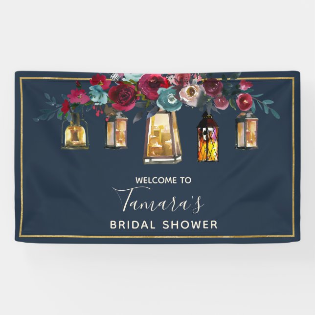 Rustic Lantern Burgundy Navy  Floral Bridal Shower Banner (Horizontal)