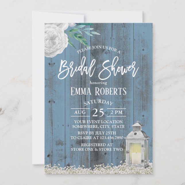Rustic Lantern Dusty Blue Floral Bridal Shower Invitation (Front)