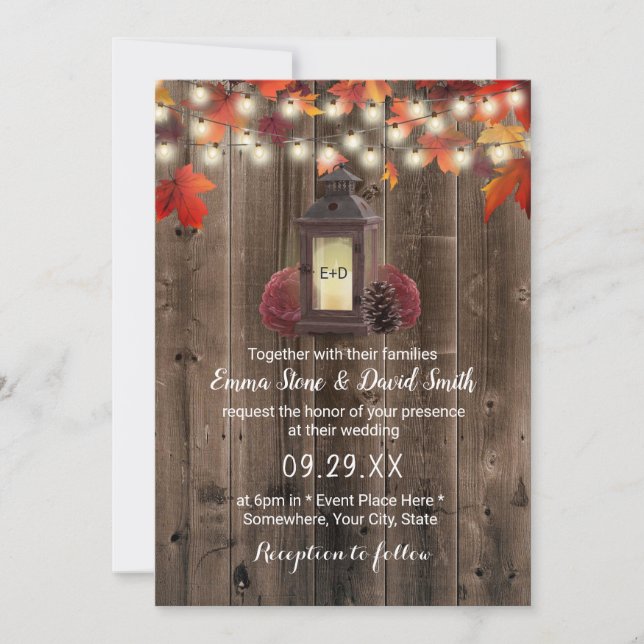 Rustic Lantern & Flowers Barn Wood Fall Wedding Invitation (Front)