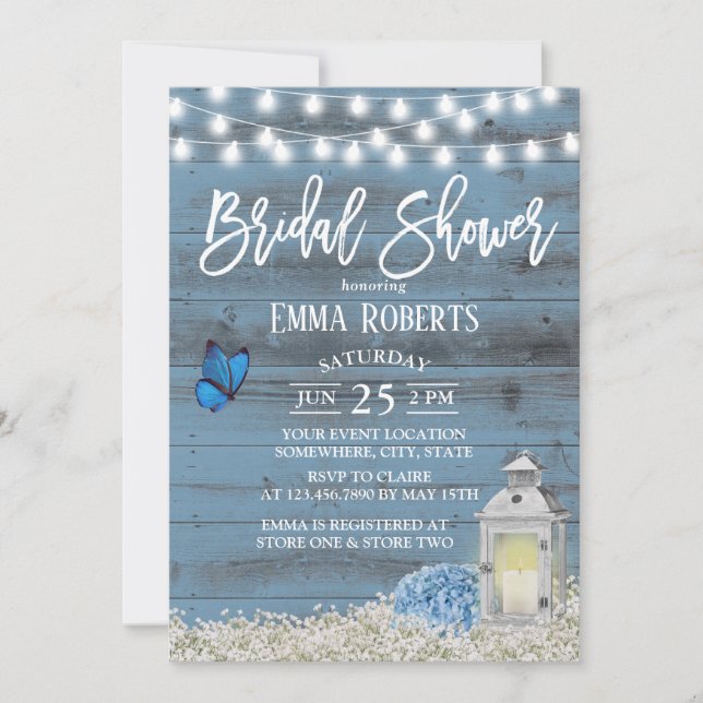 Rustic Lantern & Flowers Dusty Blue Bridal Shower Invitation (Front)