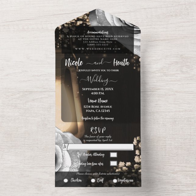 Rustic Lantern & Glam Silver Roses Wedding All In One Invitation (Inside)