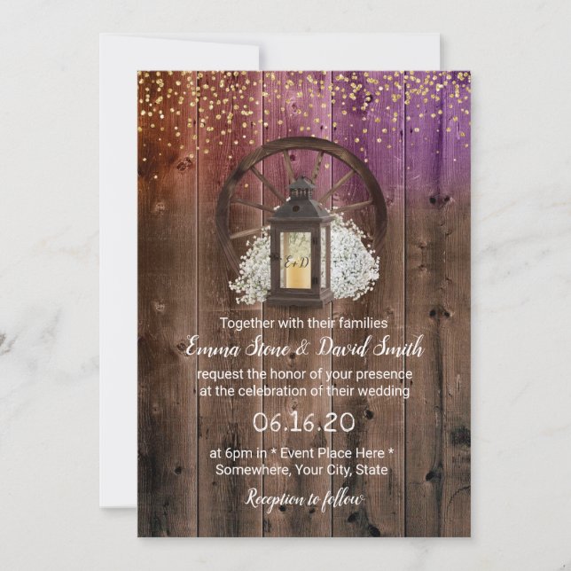 Rustic Lantern Gold Confetti Vintage Barn Wedding Invitation (Front)