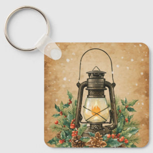 Rustic lantern holly pine festive winter christmas keychain