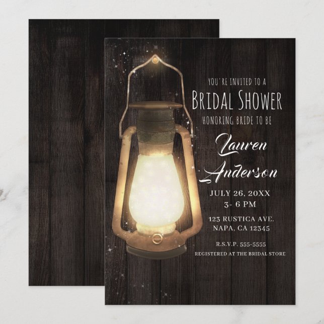 Rustic Lantern Lights Barn Wood Bridal Shower Invitation (Front/Back)