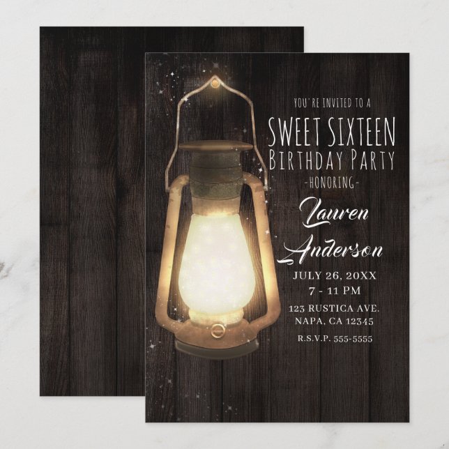Rustic Lantern Lights Barn Wood Sweet 16 Party Invitation (Front/Back)
