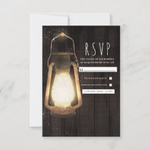 Rustic Lantern Lights Barn Wood Wedding RSVP Card