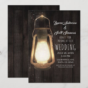 Rustic Lantern Lights Brown Barn Wood Wedding Invitation