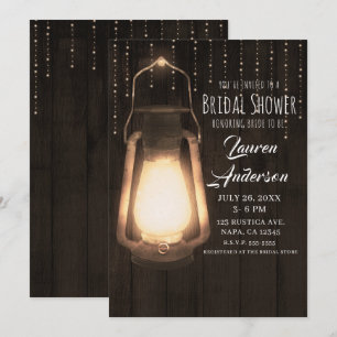 Rustic Lantern & Lights Brown Wood Bridal Shower Invitation