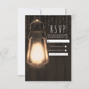 Rustic Lantern & Lights Brown Wood Wedding RSVP
