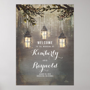 Rustic Lantern Lights Wedding Welcome Sign