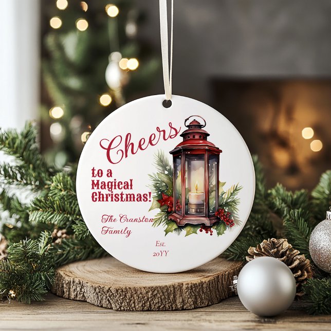 Rustic Lantern Pine and Berries Cheers Christmas Ceramic Ornament ("Cheers to a Magical Christmas!" Lit Rustic Lantern Holly and Berries Family Name and Date Ornament)