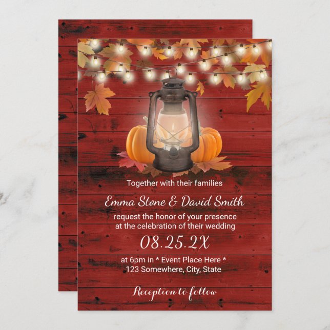 Rustic Lantern & Pumpkins Red Barn Fall Wedding Invitation (Front/Back)