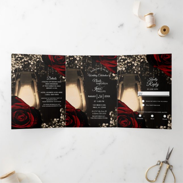 Rustic Lantern  Red Roses Trifold Wedding Program (Inside)