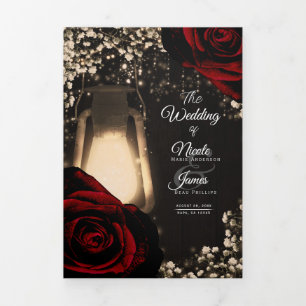 Rustic Lantern  Red Roses Trifold Wedding Program