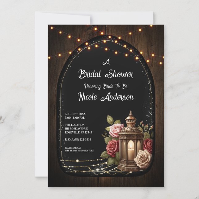 Rustic Lantern Roses & Lights Bridal Shower  Invitation (Front)