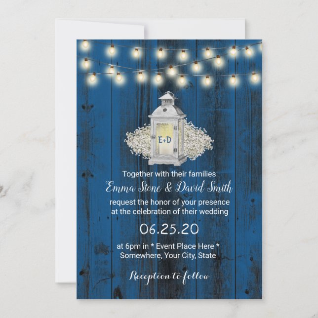 Rustic Lantern & String Lights Blue Barn Wedding Invitation (Front)