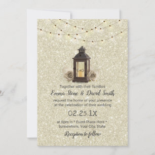 Rustic Lantern & String Lights Modern Wedding Invitation