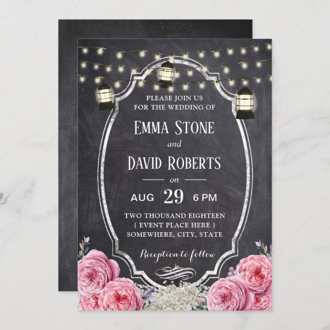 Rustic Lantern Vintage Floral Chalkboard Wedding Invitation (Front/Back)