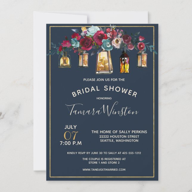 Rustic Lanterns Burgundy Navy Floral Bridal Shower Invitation (Front)