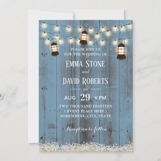 Rustic Lanterns Country Floral Dusty Blue Wedding Invitation (Front)