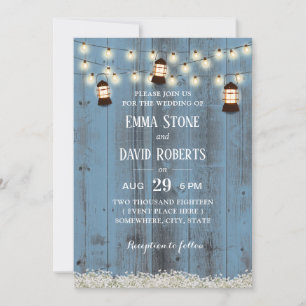 Rustic Lanterns Country Floral Dusty Blue Wedding Invitation