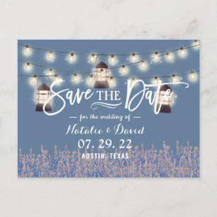 Rustic Lanterns & Flowers Dusty Blue Save the Date Announcement Postcard