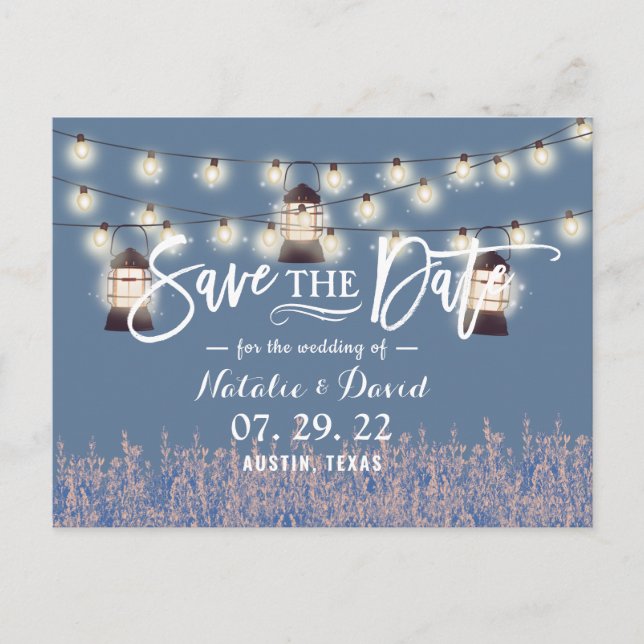 Rustic Lanterns & Flowers Dusty Blue Save the Date Announcement Postcard (Front)