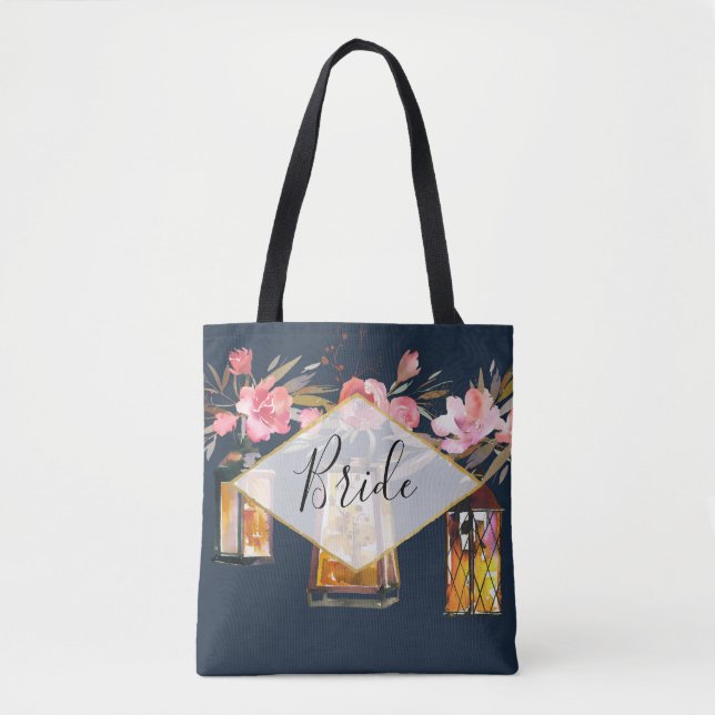 Rustic Lanterns Navy Blue Coral Bride Wedding Tote Bag (Front)