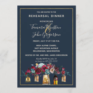 Rustic Lanterns Navy Burgundy Rehearsal Dinner Invitation