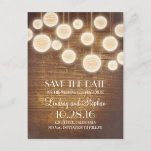 rustic lanterns wooden save the date postcards
