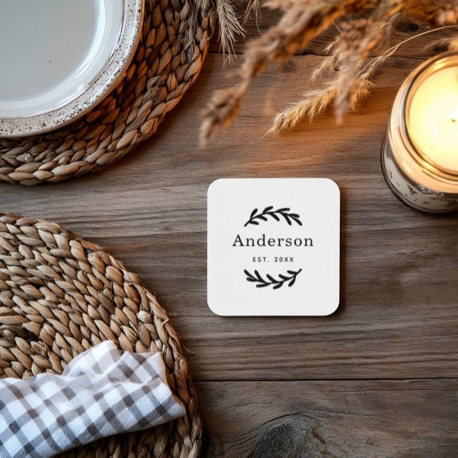 Rustic Laurel Branch Wreath Last Name Monogram Coaster (Creator Uploaded)