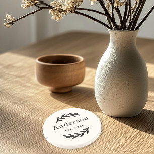 Rustic Laurel Branch Wreath Last Name Monogram Coaster