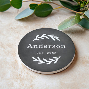 Rustic Laurel Branch Wreath Last Name Monogram Coaster