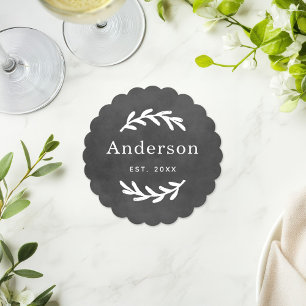 Rustic Laurel Branch Wreath Last Name Monogram Paper Coaster