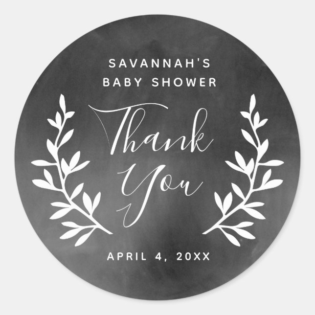 Rustic laurel chalkboard baby shower thank you classic round sticker (Front)