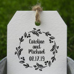 Rustic Laurel Country Wreath | Wedding Rubber Stamp<br><div class="desc">A perfect addition to use for your Wedding whether it's for your Save the Date Envelopes, Bridal Shower or wedding day favour bags or tags. Hand drawing of a laurels, leaves, flowers and twigs with a country rustic look. Customize the bride and groom's name with the date. For enquiries about...</div>