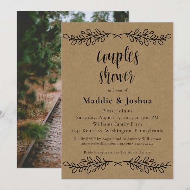 Rustic Laurel Kraft Photo Couples Shower Invite  (Front/Back)