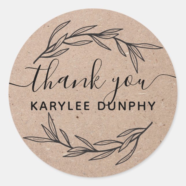 Rustic Laurel Leaf Thank You Calligraphy Classic Round Sticker (Front)