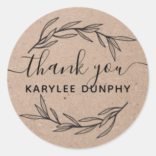 Rustic Laurel Leaf Thank You Calligraphy Classic Round Sticker