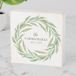 Rustic Laurel Leaf Wreath with Family Name Wooden Box Sign