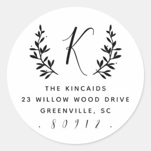 Rustic laurel script monogram return address classic round sticker