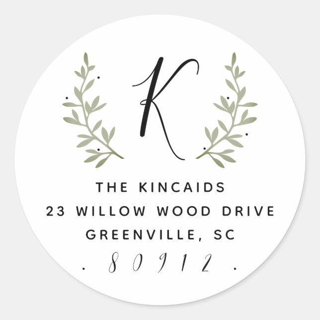 Rustic laurel script monogram return address classic round sticker (Front)
