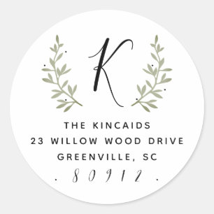 Rustic laurel script monogram return address classic round sticker