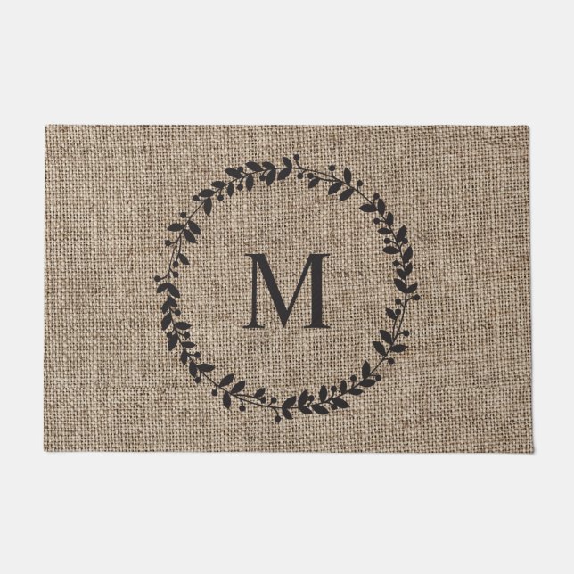 Rustic Laurel Wreath Farmhouse Burlap Monogrammed  Doormat (Front)
