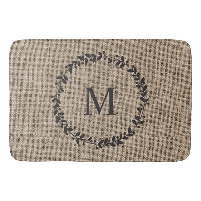 Rustic Laurel Wreath Farmhouse Style Monogrammed Bath Mat (Front)