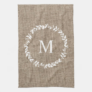 Rustic Laurel Wreath Farmhouse Style Monogrammed Kitchen Towel
