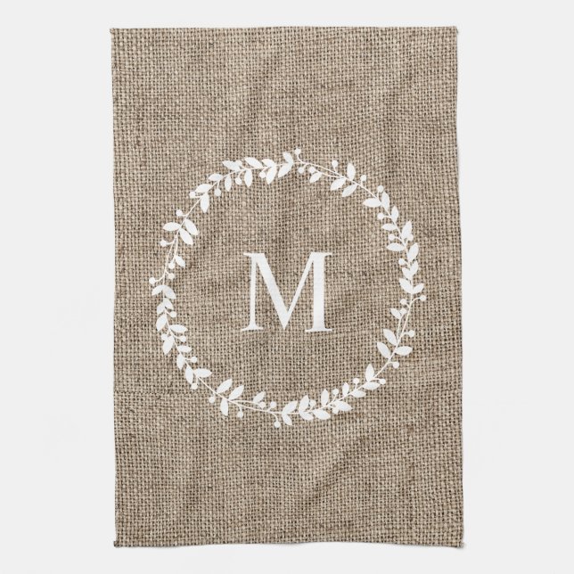 Rustic Laurel Wreath Farmhouse Style Monogrammed Kitchen Towel (Vertical)