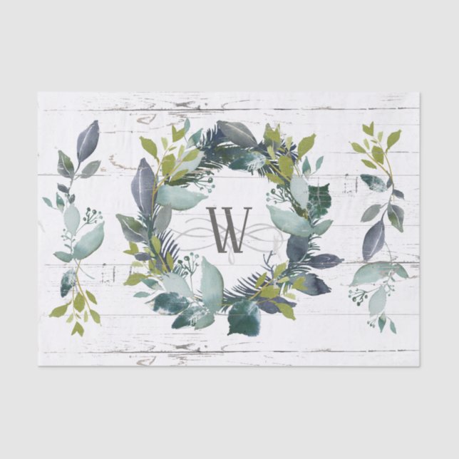 Rustic Laurel Wreath Faux Wood Monogram Initial Tissue Paper (Front)