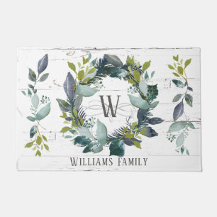 Rustic Laurel Wreath Greenery Watercolor Initial Doormat