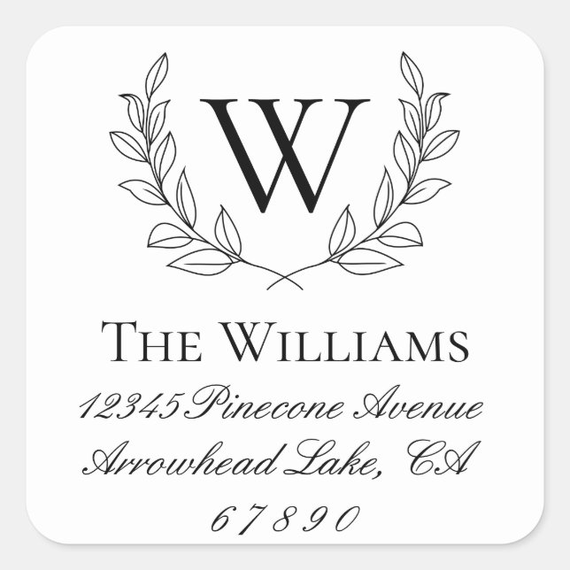 Rustic Laurel Wreath Monogram Address Square Sticker (Front)